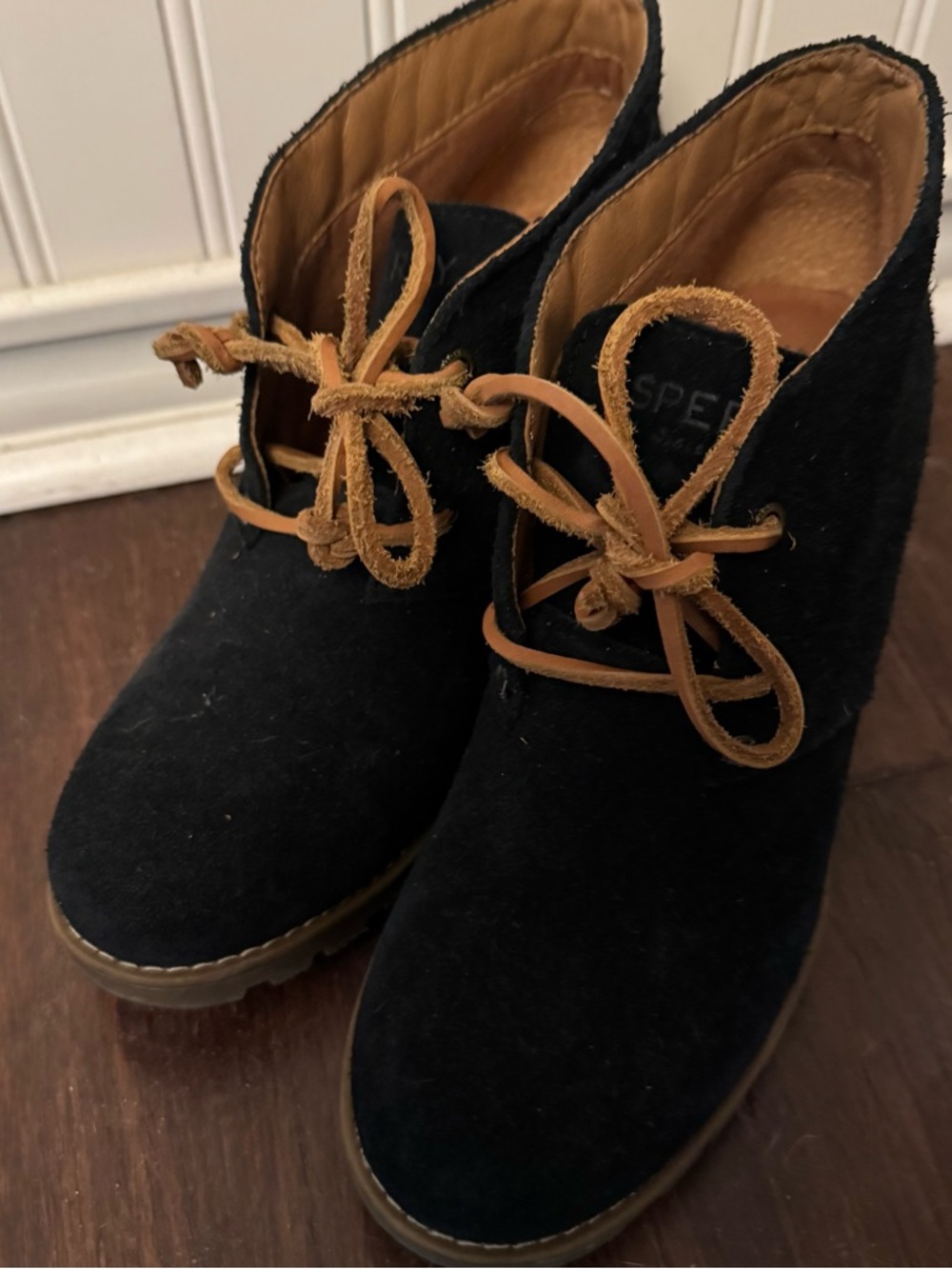 Sperry Black Suede Black Wedge Heeled Top Sider Booties Size 6.5